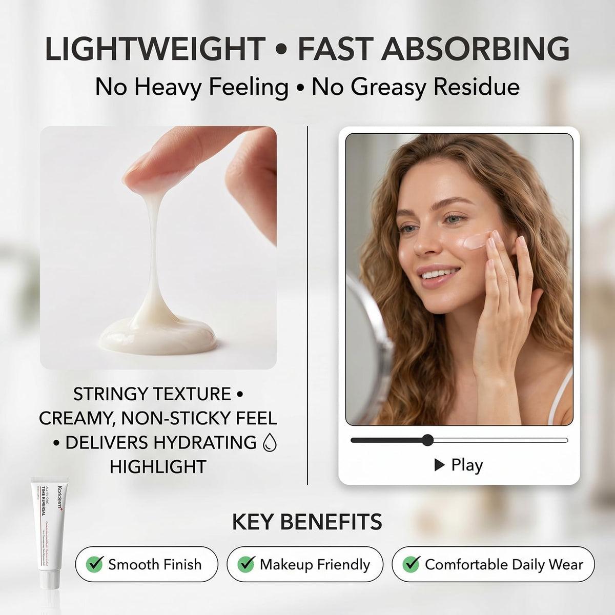 Koriderm Time Reverse cream applied on hand showing fast absorption