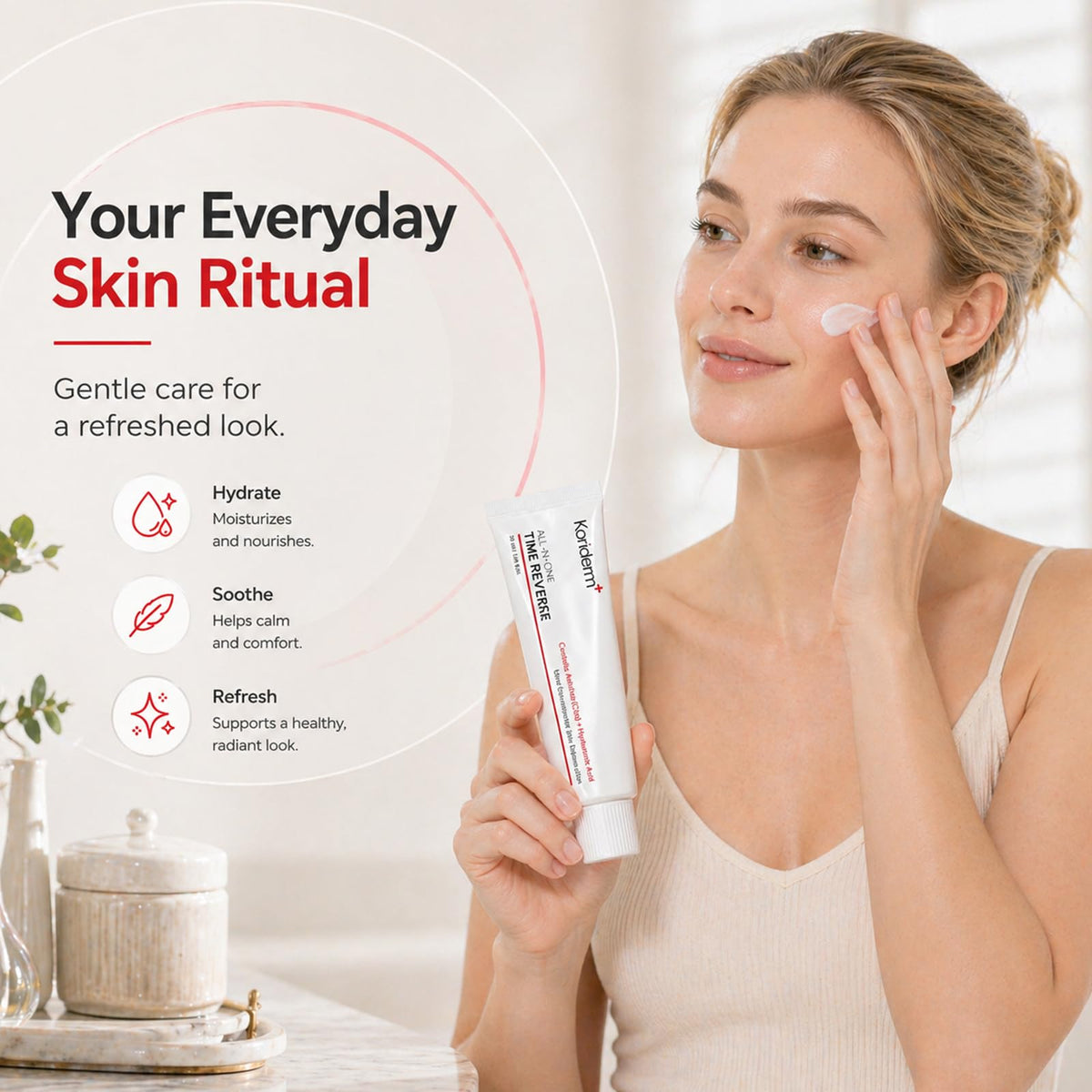 KORIDERM jar in daytime vanity setting showing under-makeup compatibility benefit