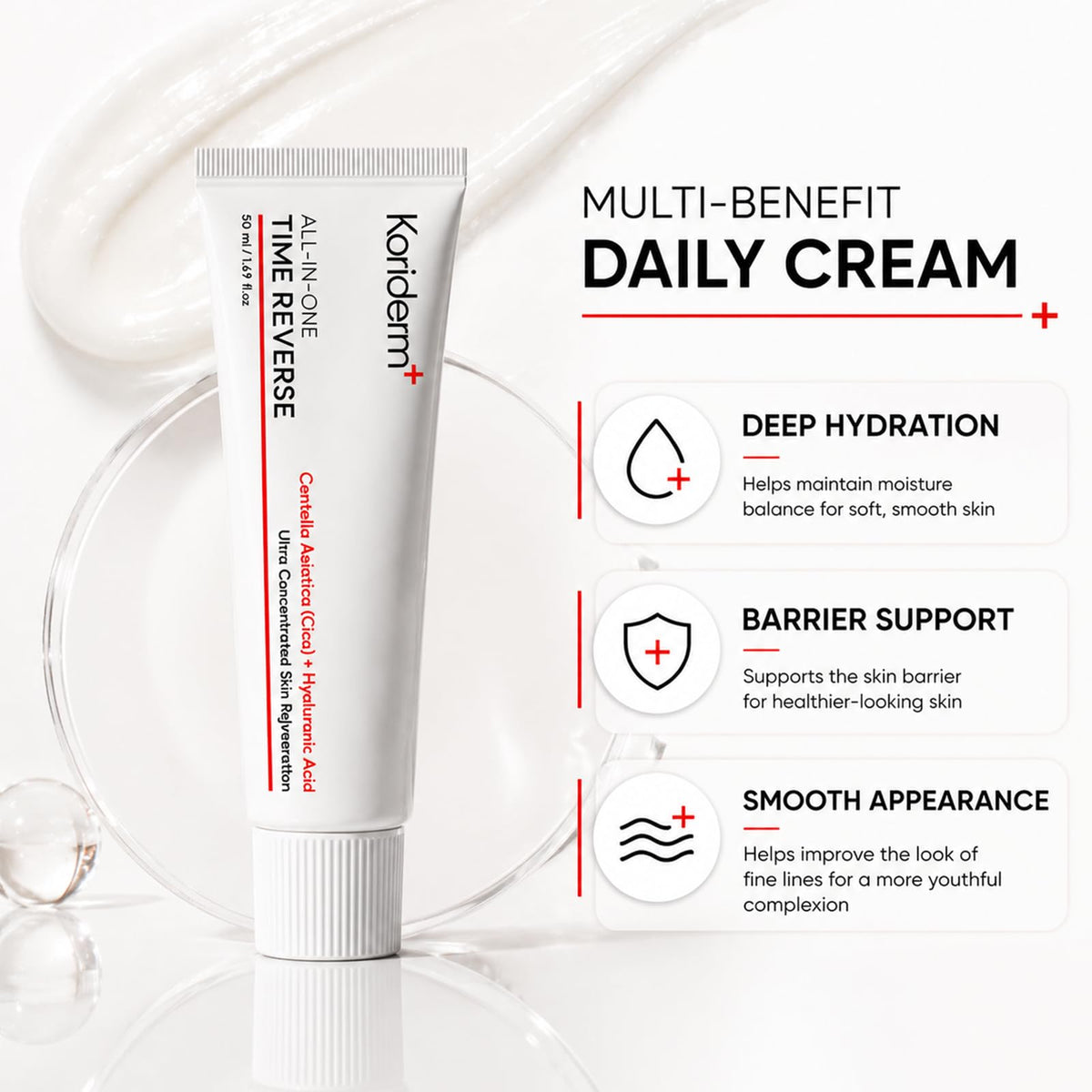 KORIDERM cream texture close-up showing lightweight, fast-absorbing formula benefit