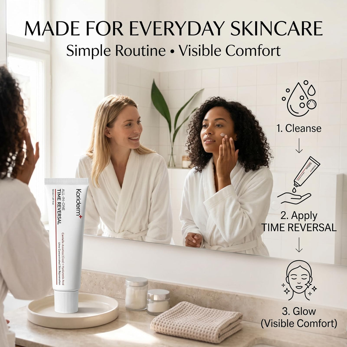 Koriderm Time Reverse tube and jar showing versatile daily use