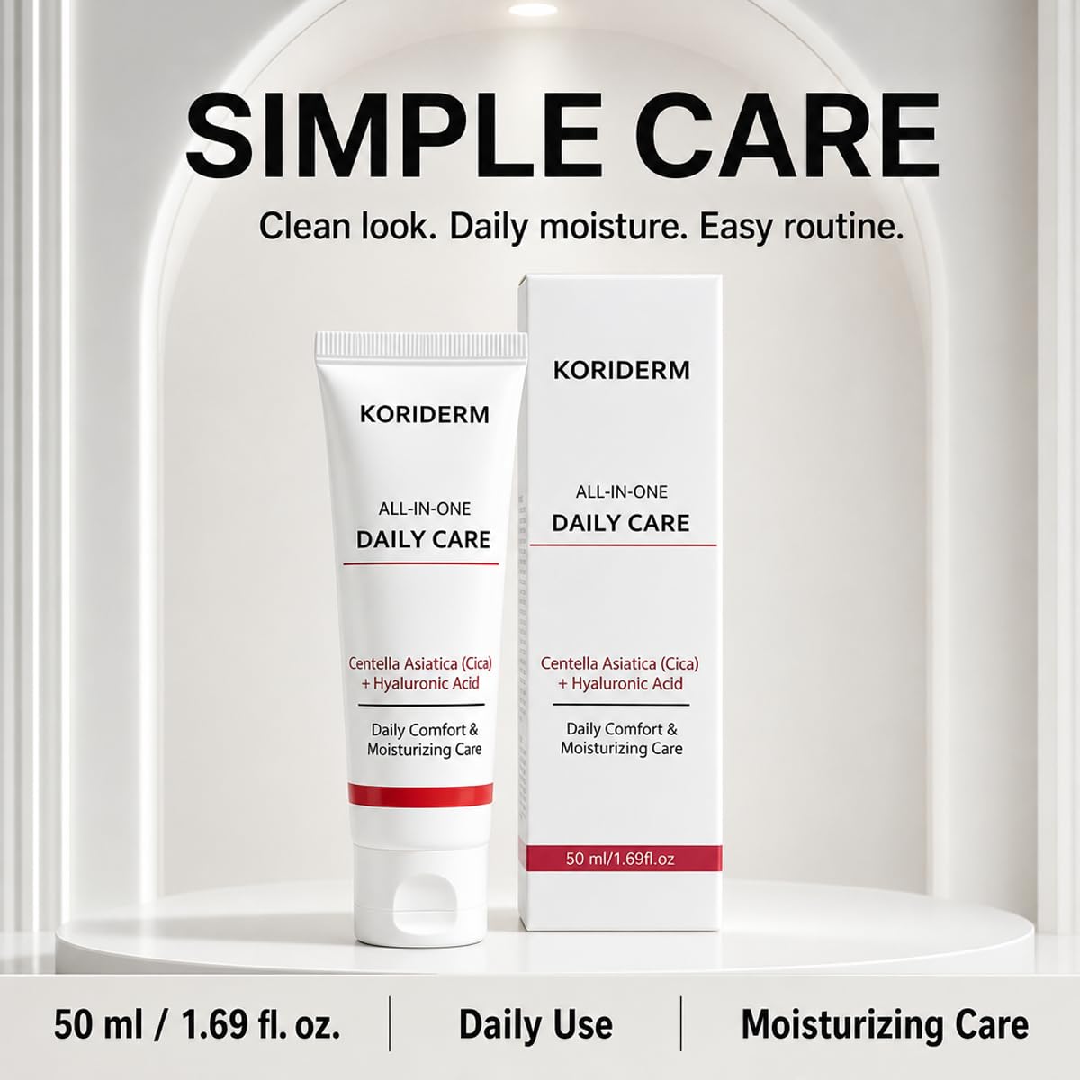 Koriderm travel-sized pouch display suggesting portability and routine continuity