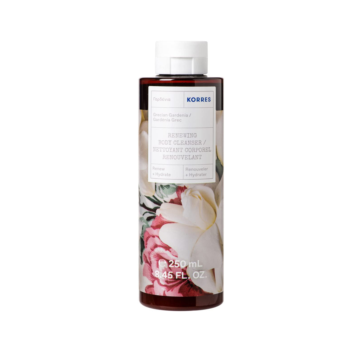 KORRES front bottle showing label and recyclable packaging benefit