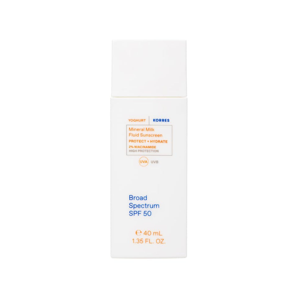KORRES front packaging of Greek Yoghurt Mineral Milk SPF showing compact travel size and benefits