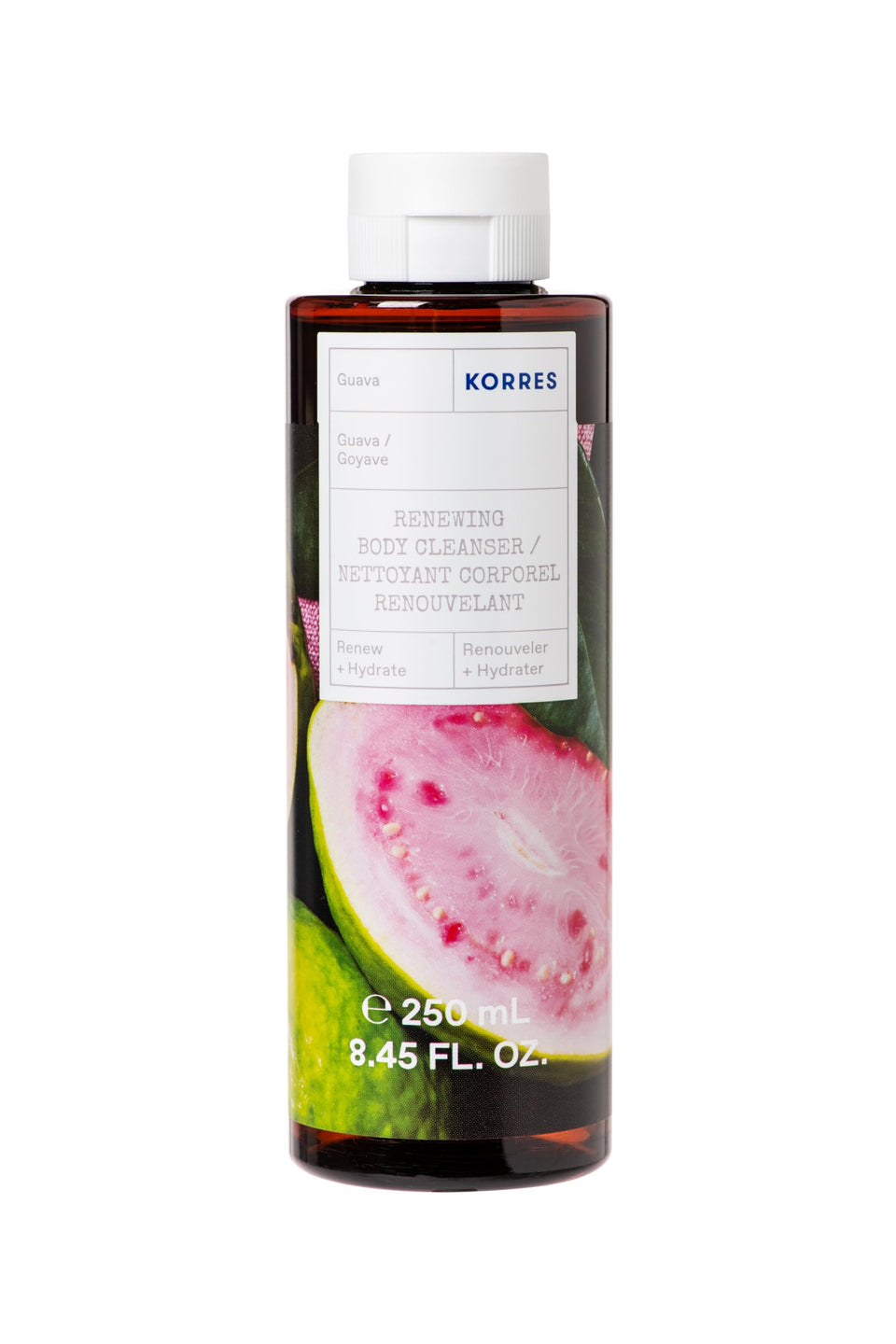 KORRES bottle front packaging showing guava scent and hydrating benefits