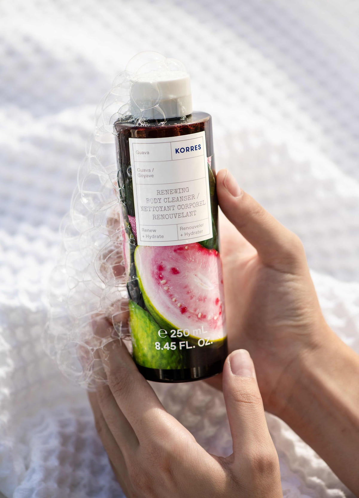 KORRES creamy lather close-up demonstrating gentle cleansing and hydration