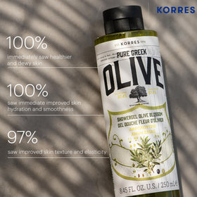 KORRES shower gel in use on a washcloth showing gentle lather and soothing moisture