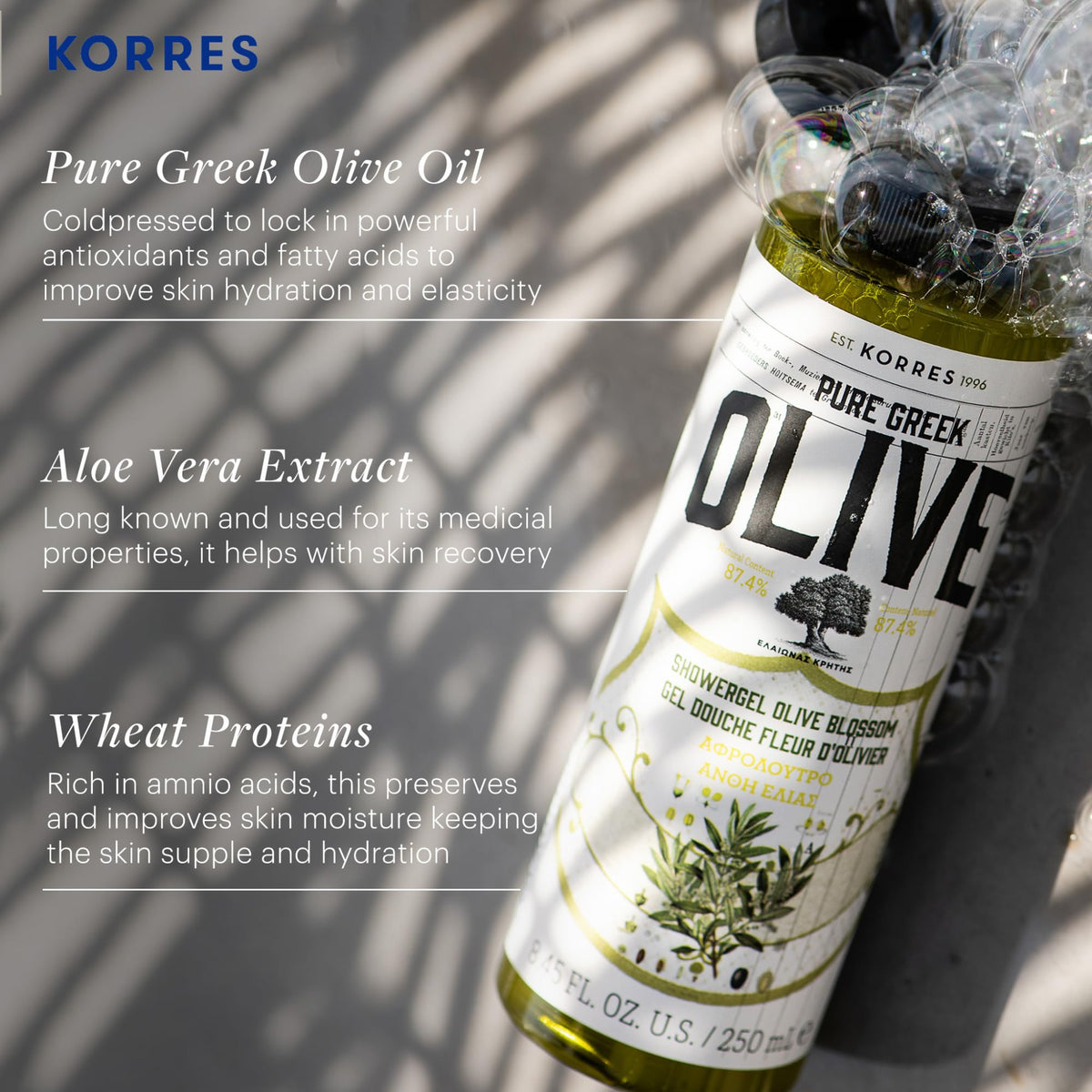 KORRES ingredient label closeup highlighting cold-pressed olive oil and vitamins