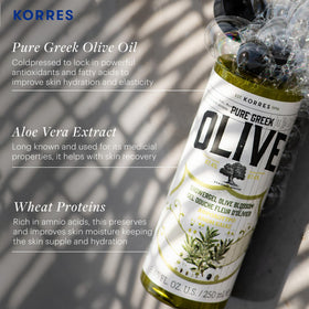 KORRES ingredient label closeup highlighting cold-pressed olive oil and vitamins