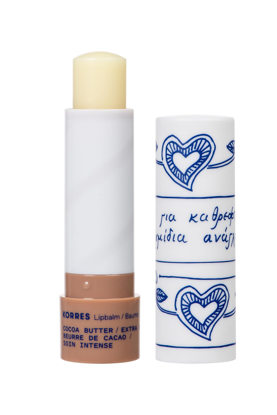 KORRES lip butter front packaging showing brand and cocoa butter benefits for hydrated lips