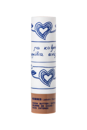 close-up texture of KORRES lip butter stick revealing creamy cocoa-butter finish for smooth lips