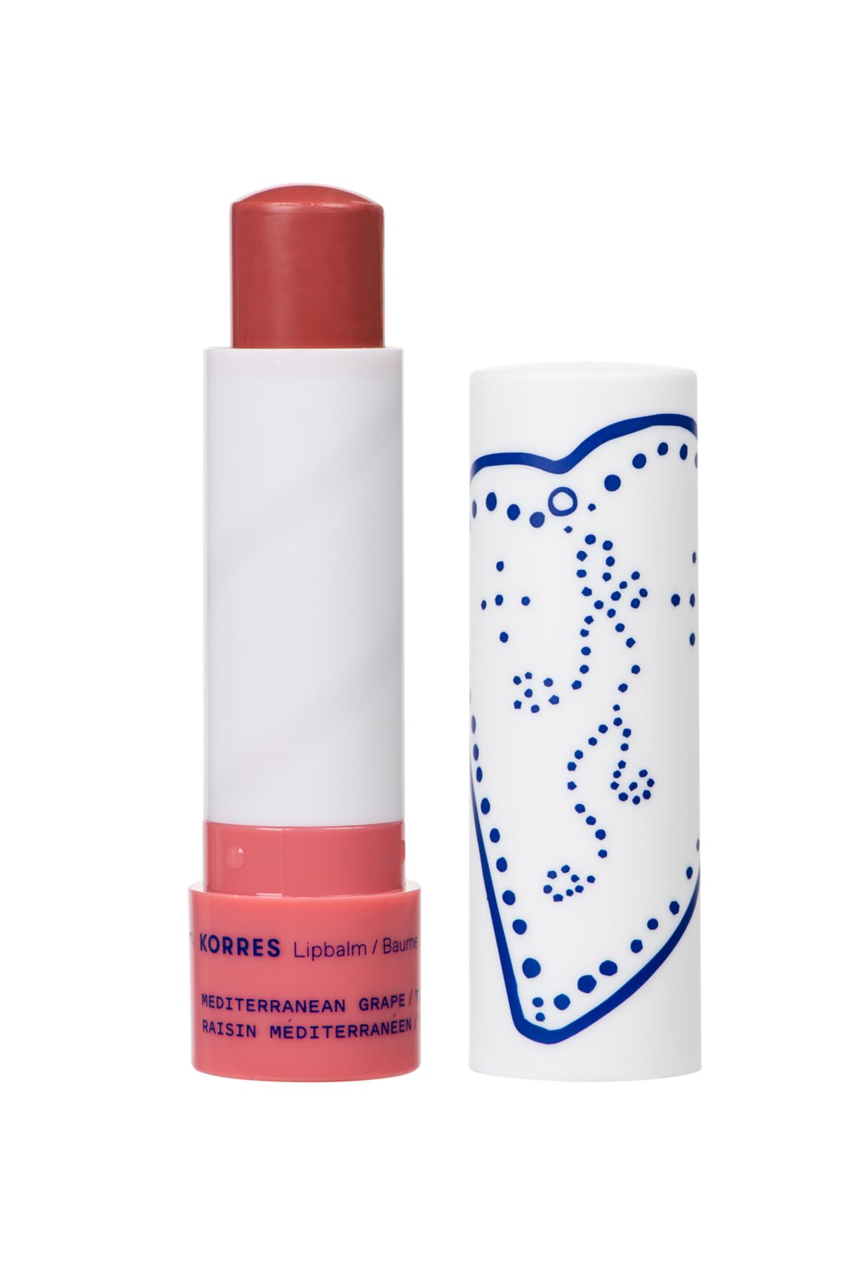 KORRES front packaging of Mediterranean Grape lip butter showing compact tube and label