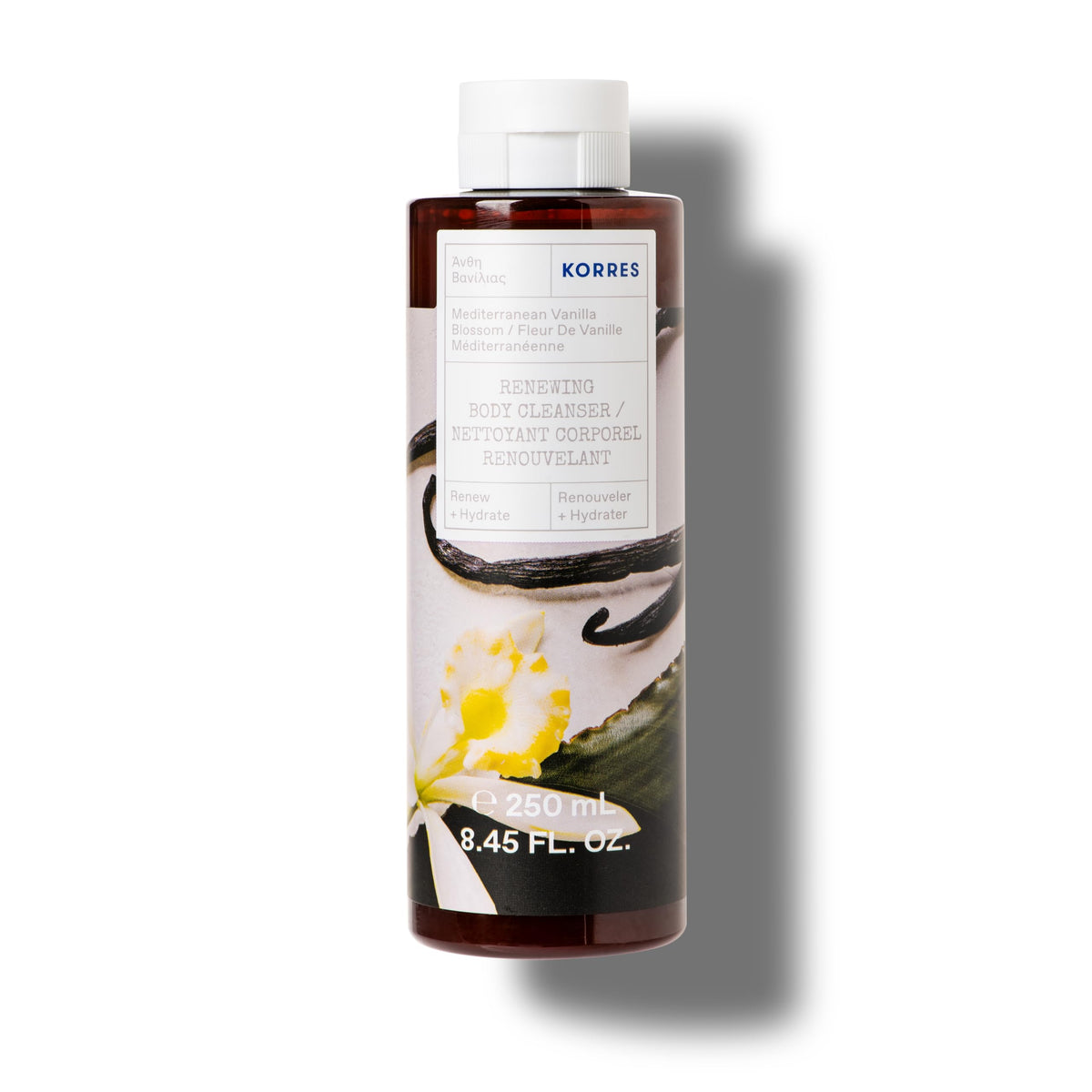 KORRES front bottle view showing label and vanilla blossom scent, highlights gentle hydration