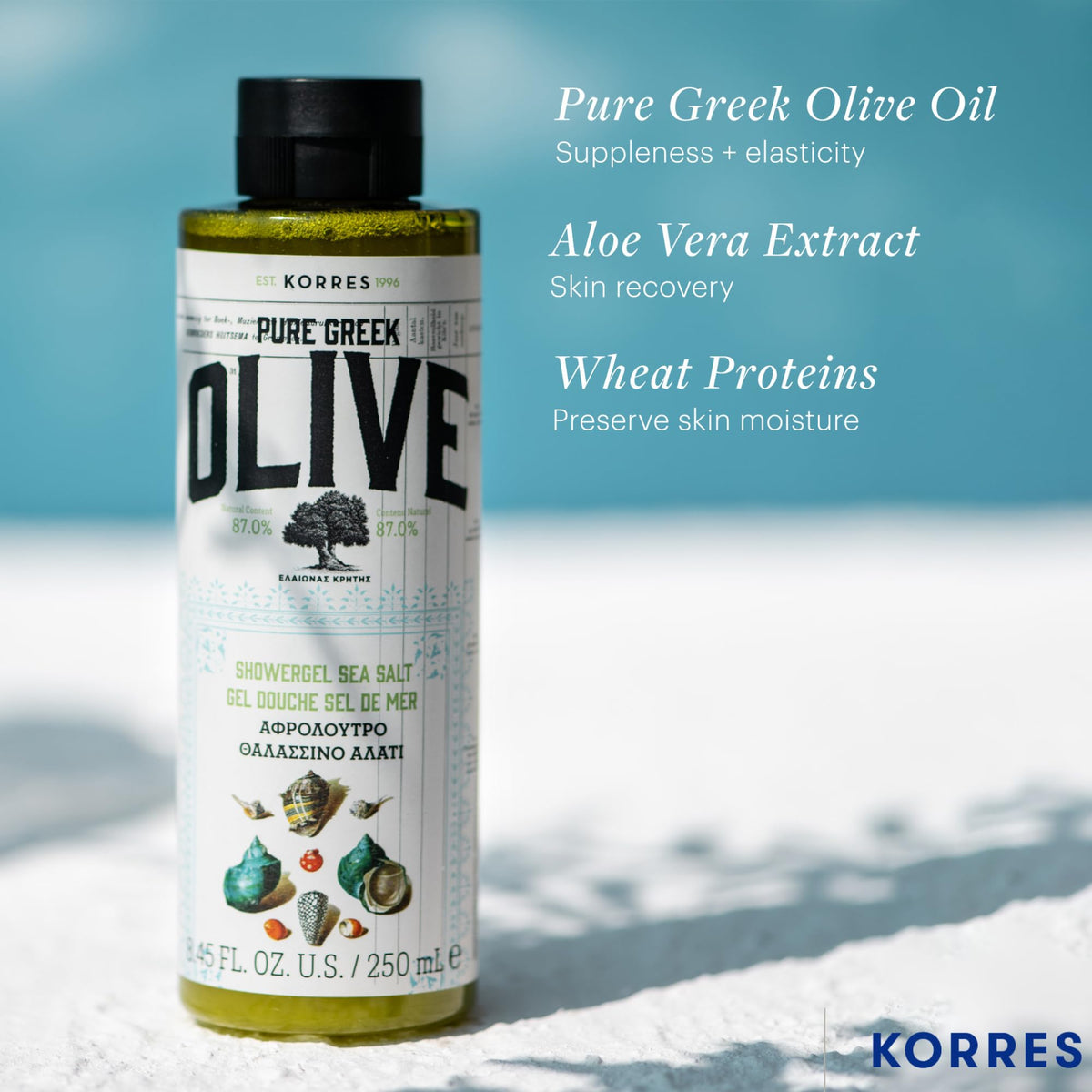 KORRES on shower shelf in lifestyle scene suggesting relaxing Mediterranean cleanse