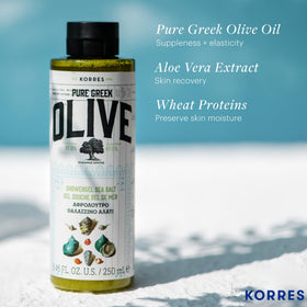 KORRES on shower shelf in lifestyle scene suggesting relaxing Mediterranean cleanse