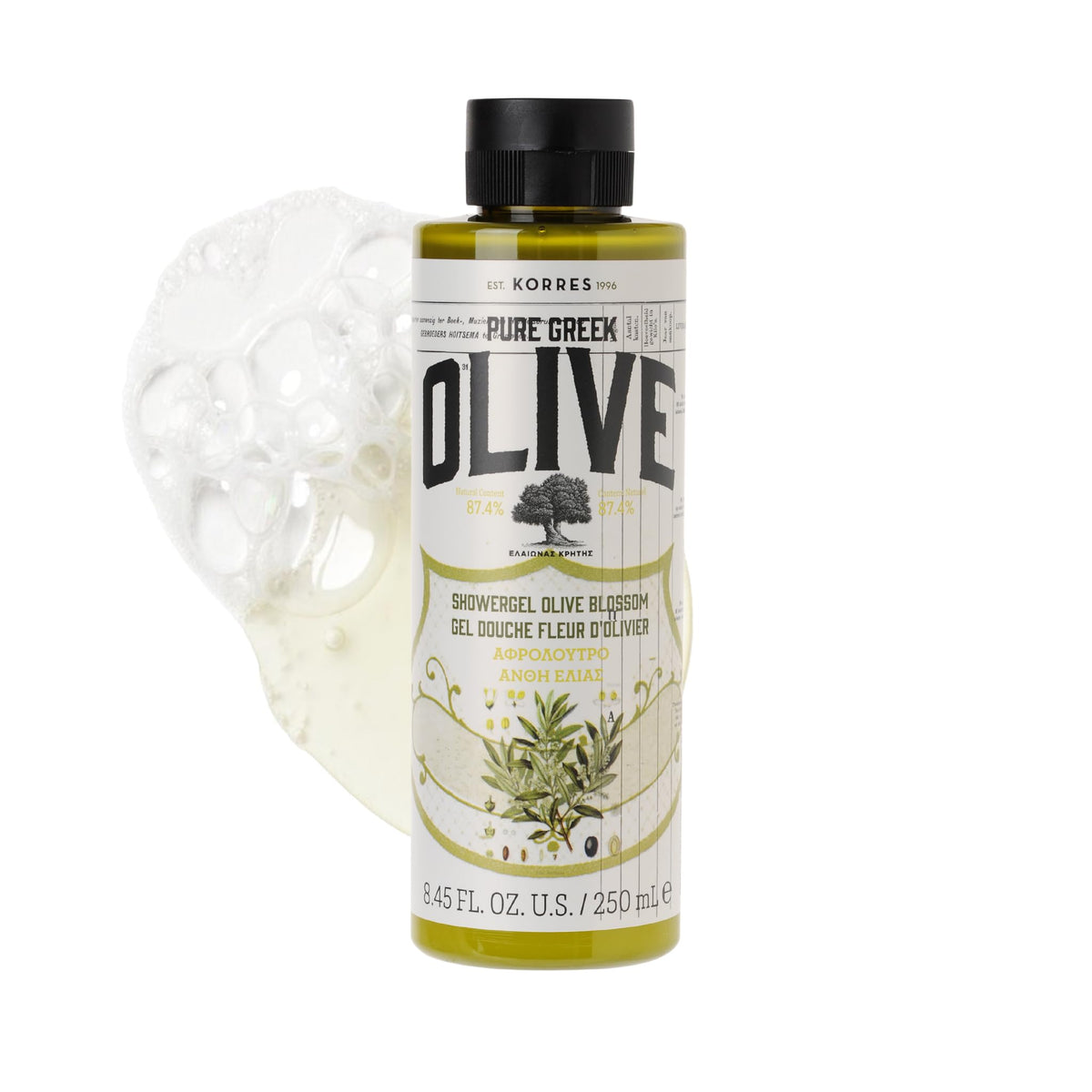 KORRES bottle front view showing olive oil shower gel and clean design, nourishing cleanse