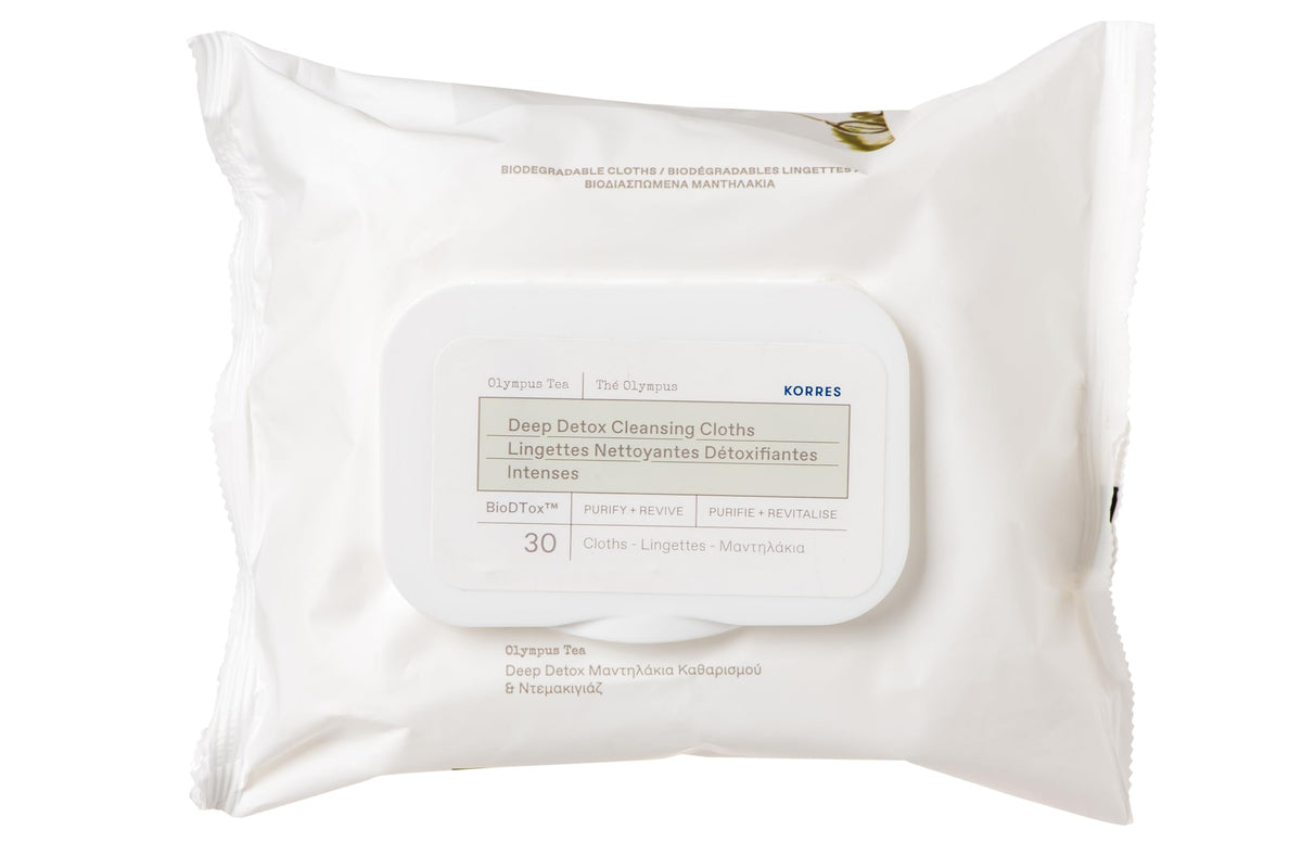 KORRES front packaging showing 30-count detox wipes and benefits