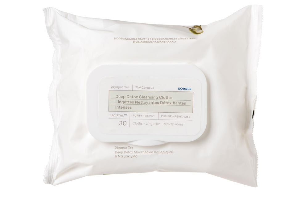 KORRES front packaging showing 30-count detox wipes and benefits