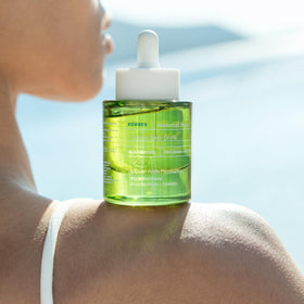 KORRES bottle beside nighttime skincare products, suggests calming evening hydration