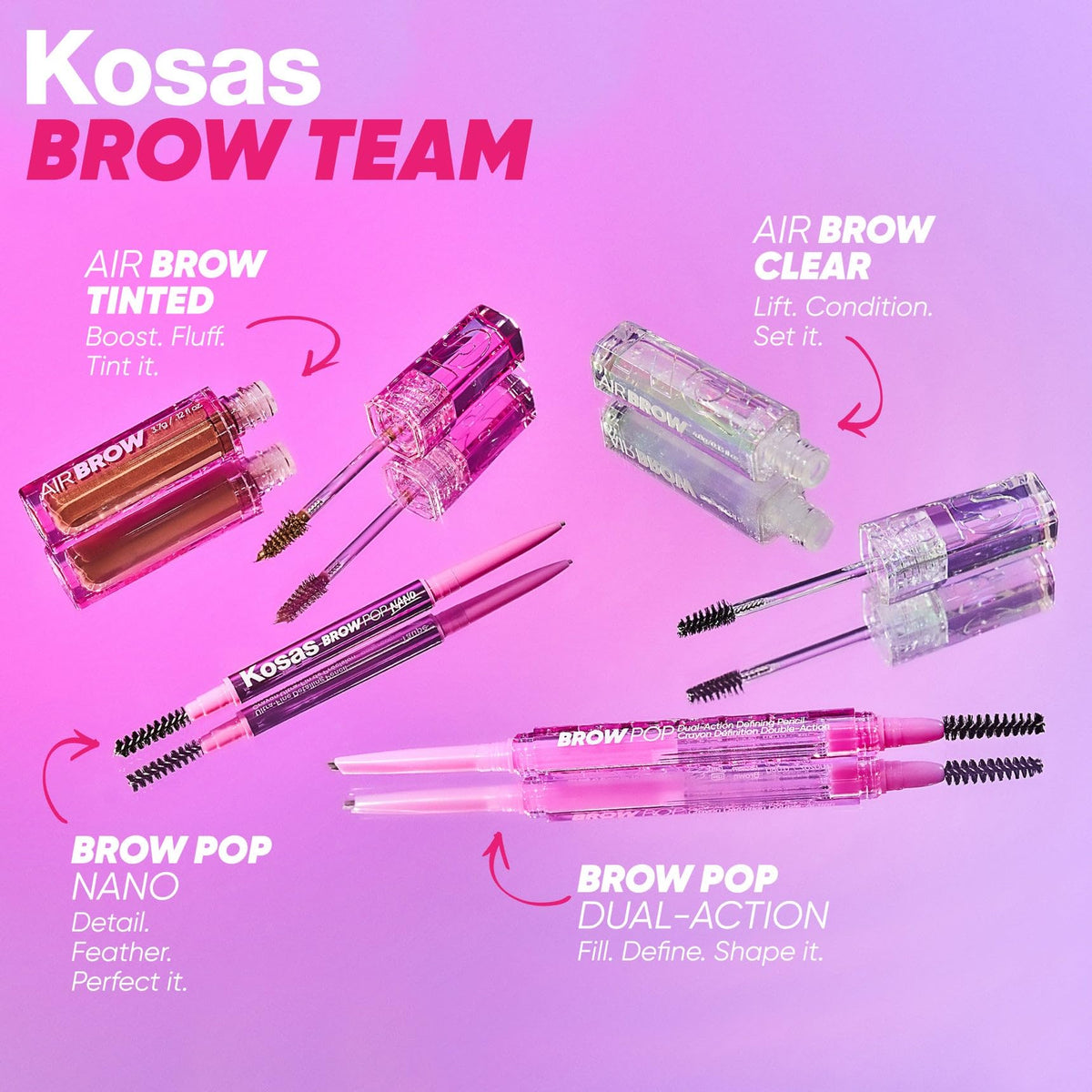 Kosas Air Brow open cap with spoolie close-up for application accuracy