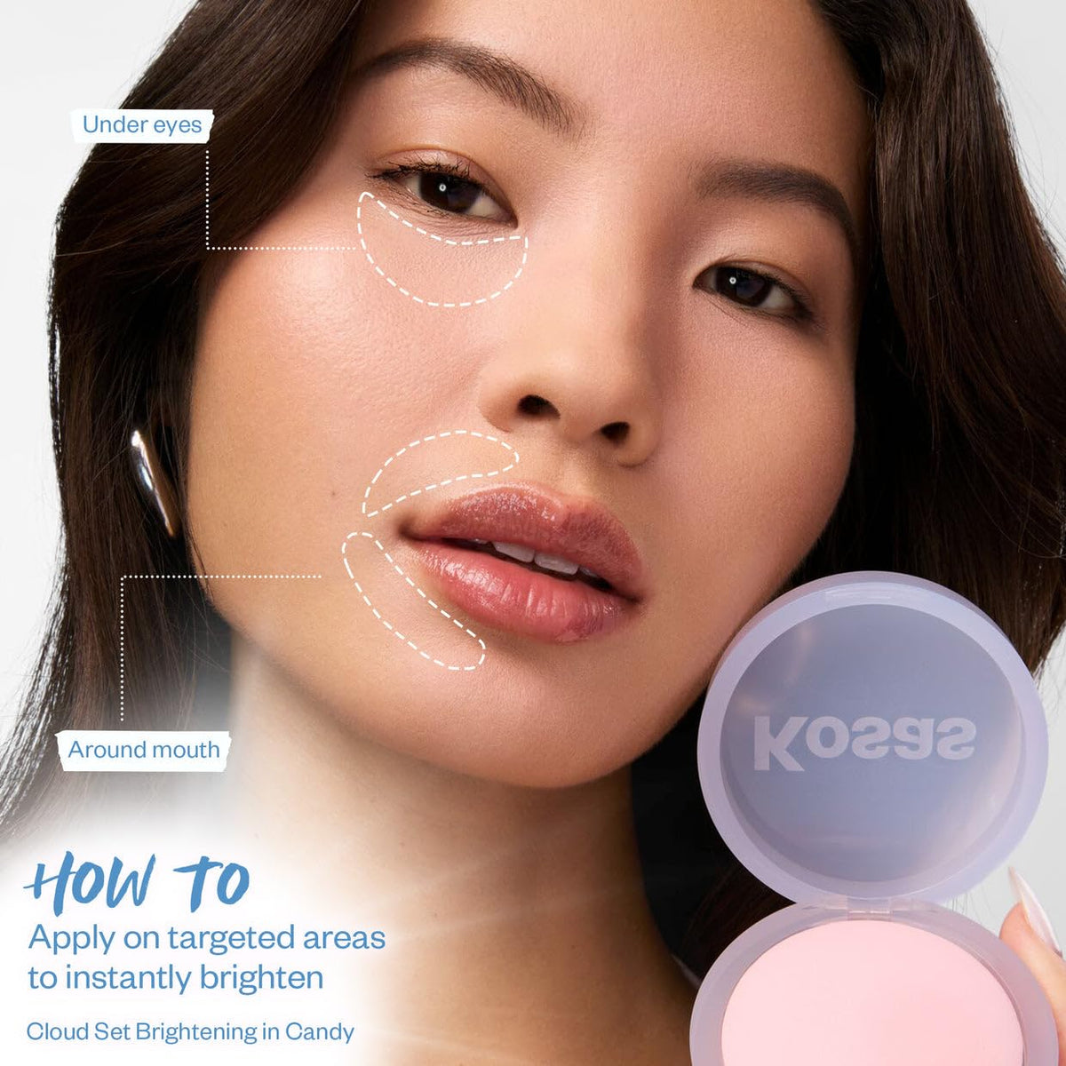 Kosas label close-up listing talc-free formula benefits for sensitive skin