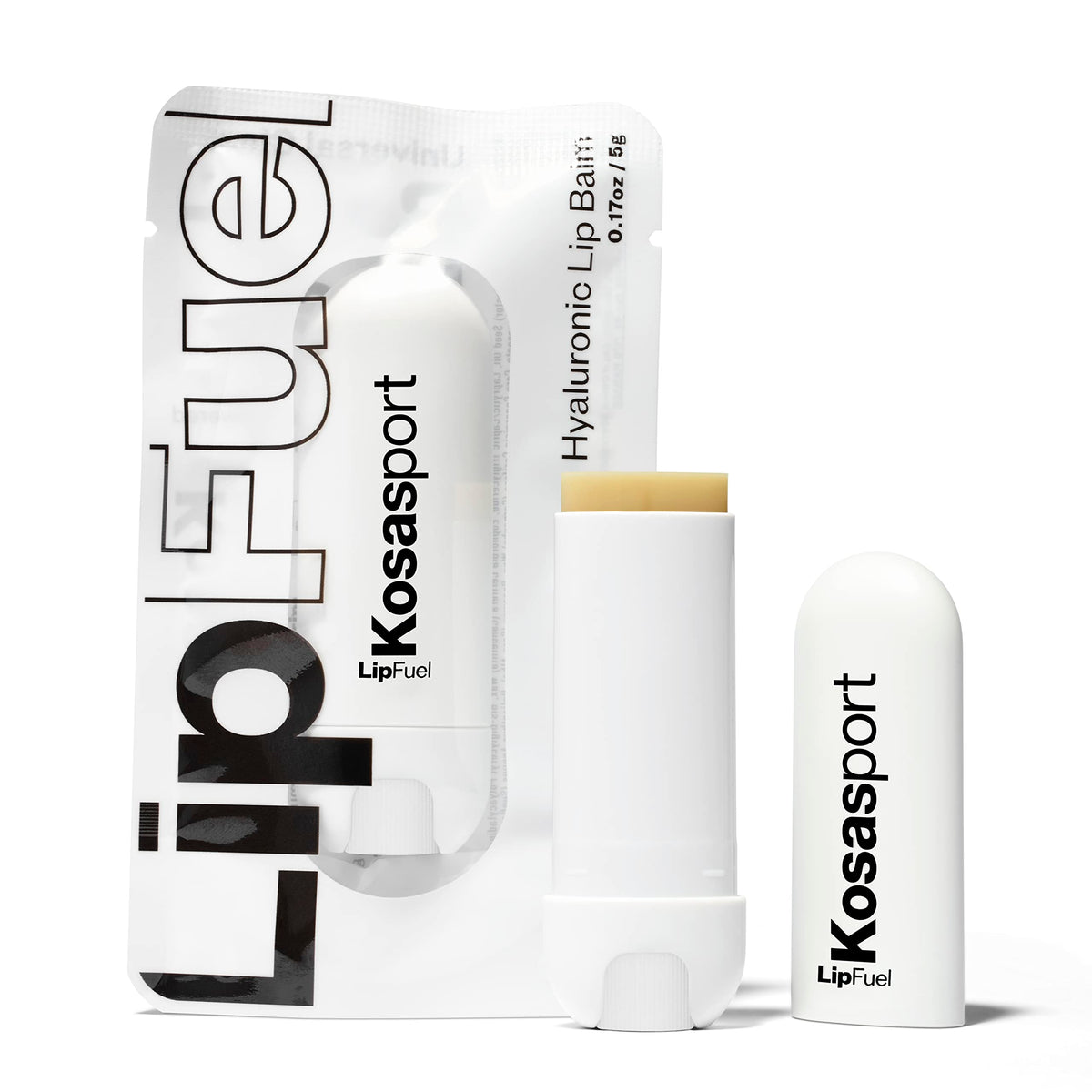 Kosas Lipfuel front packaging showing tube and cap, convenient pocket-ready design