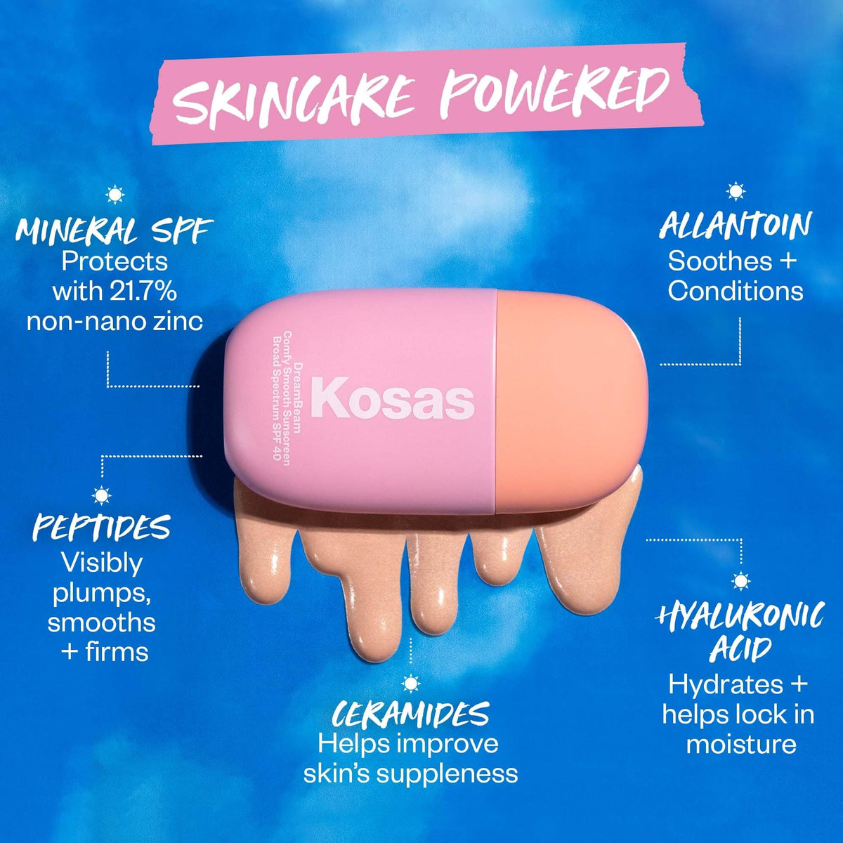 Kosas DreamBeam beside coin size comparison to show compact travel-ready benefit