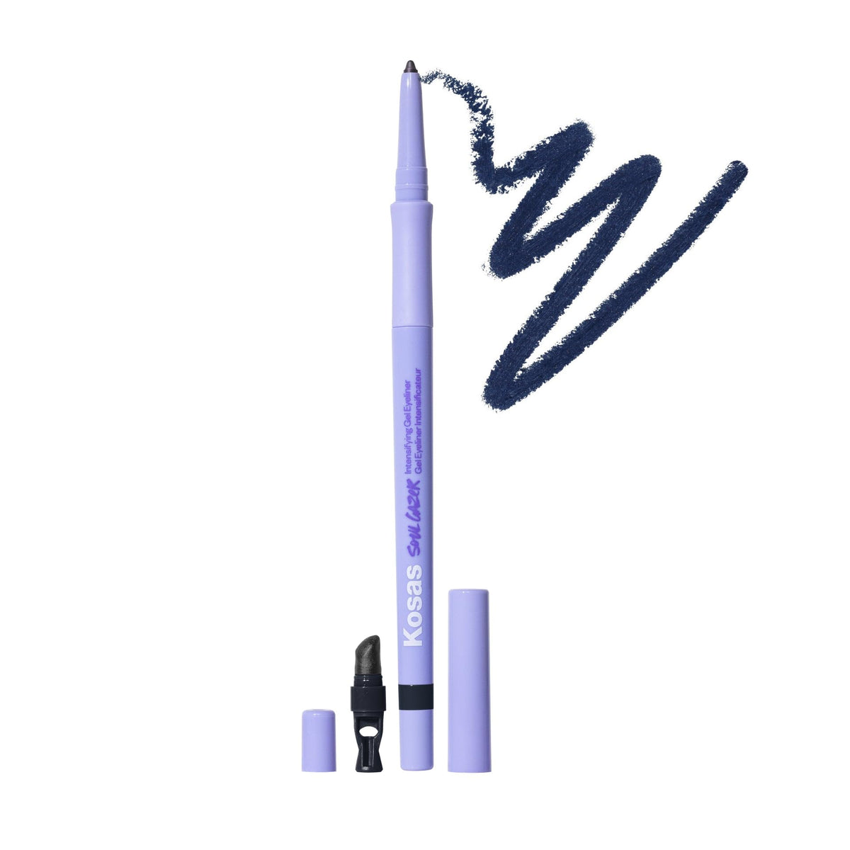 Kosas Soulgazer front packaging showing pencil and satin blackened blue color