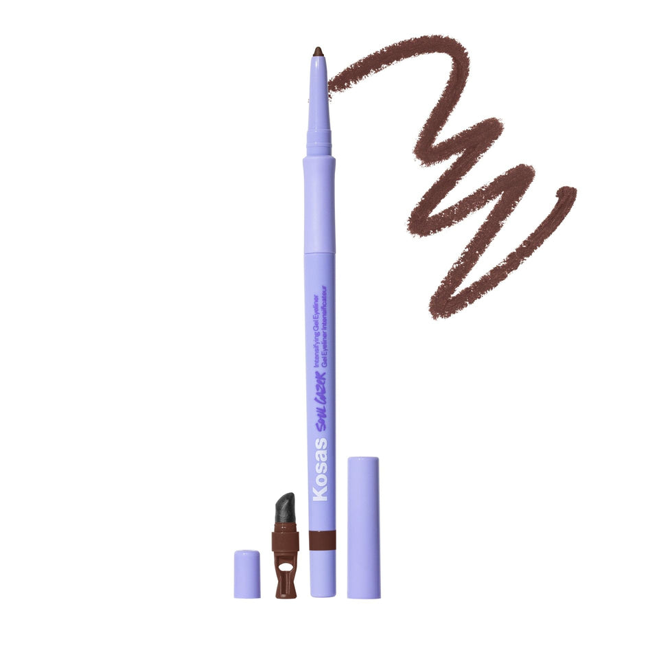 Kosas Soulgazer front packaging showing warm brown matte and benefits