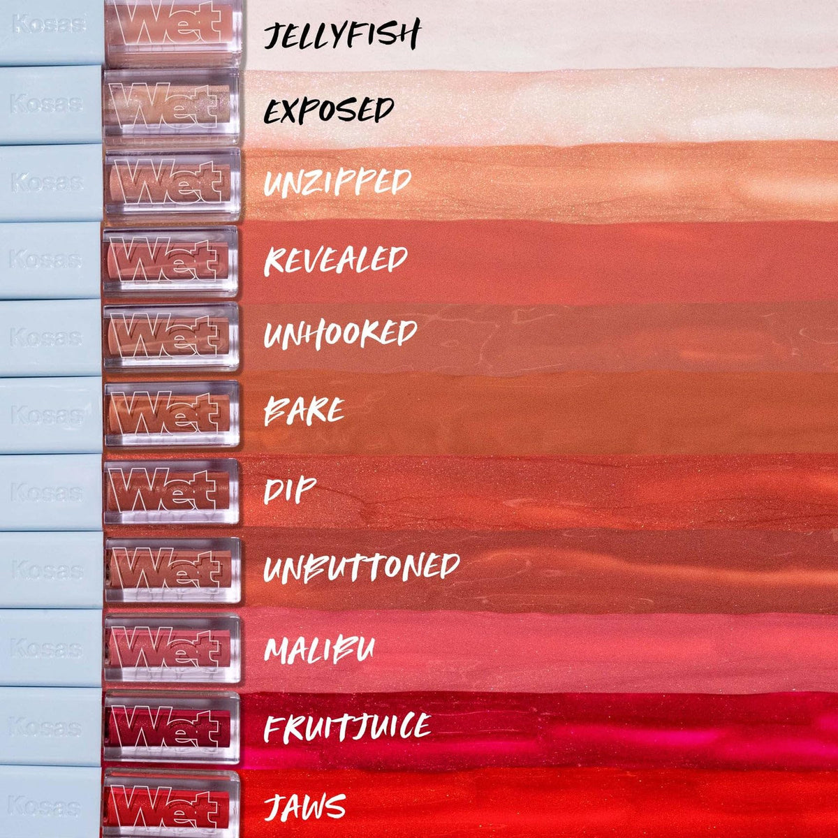 Kosas Wet Lip Oil Gloss ingredients label showing hyaluronic acid and peptide blend