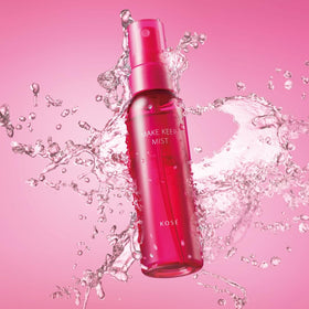 Kose bottle on vanity with makeup tools implying long-lasting fresh look