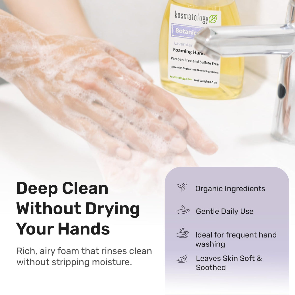 kosmatology hand pumping soap at sink demonstrating easy dispensing and quick clean