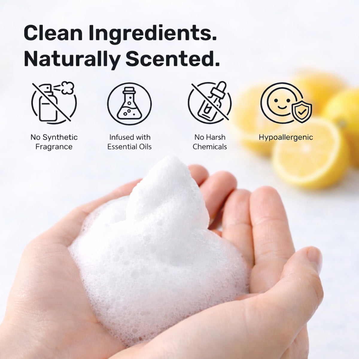 kosmatology foam texture on palm, lightweight lather that rinses clean