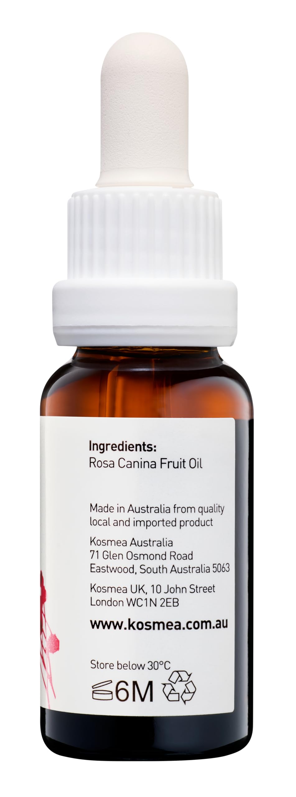 Kosmea label detail with ingredient list showcasing solvent-free, super-critical extraction benefit