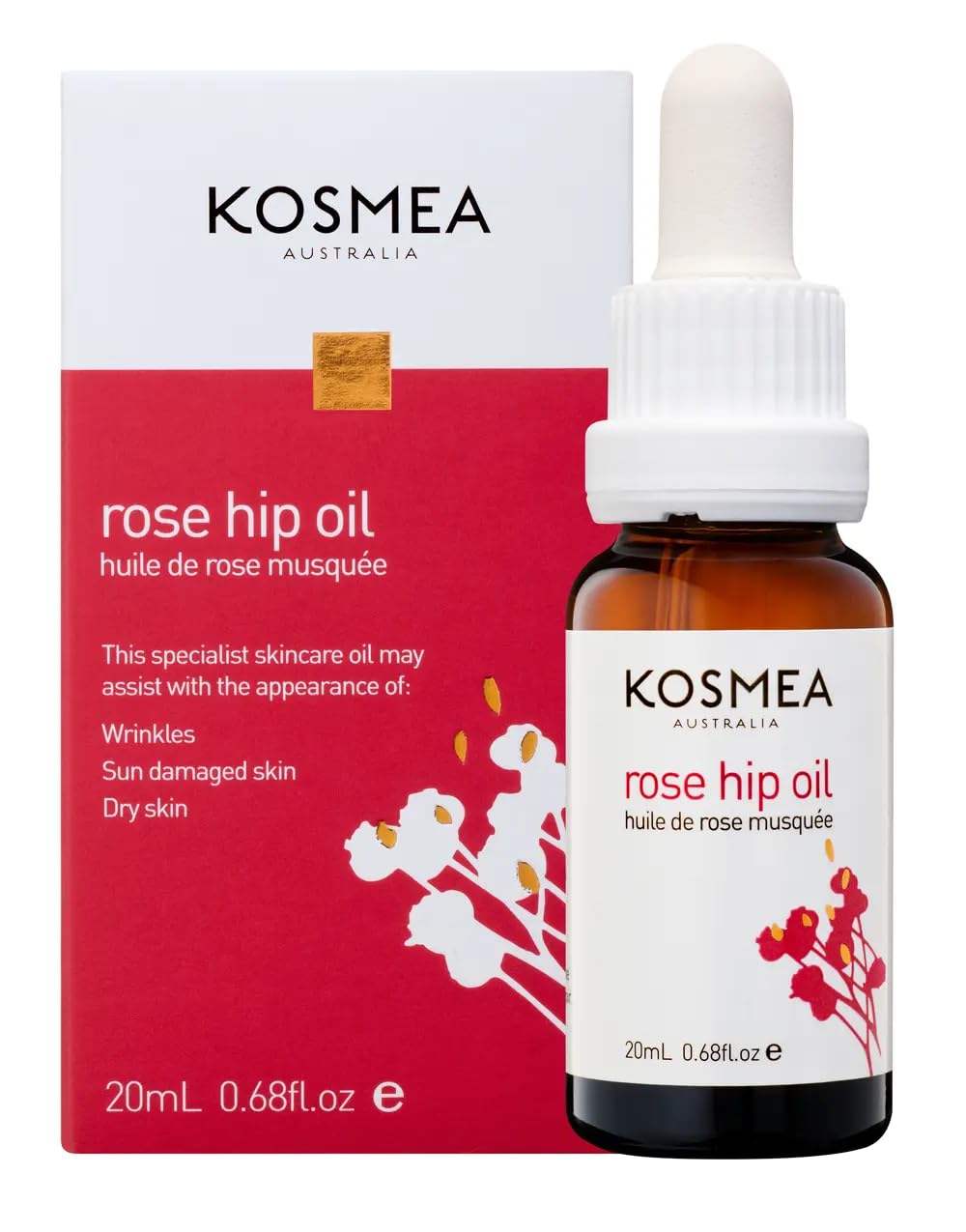 Kosmea texture of rosehip oil on skin highlighting fast absorption and non-greasy finish