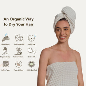 KOSMU button closure detail securing hair wrap for hands-free wear and stable fit