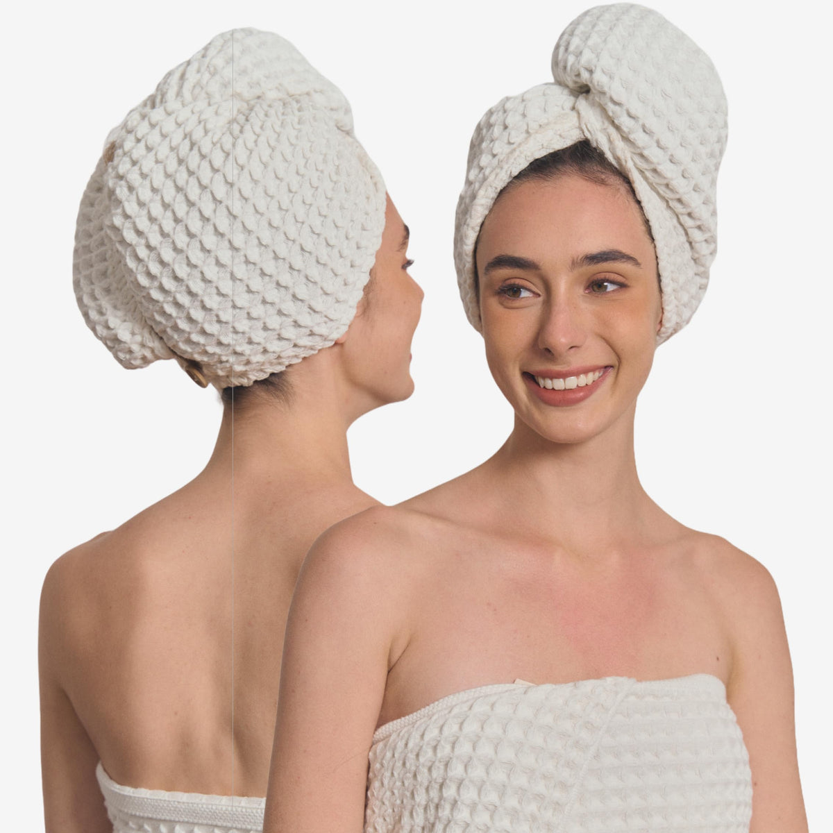 KOSMU front view of white waffle towel wrap showing full size and shape, quick drying benefit