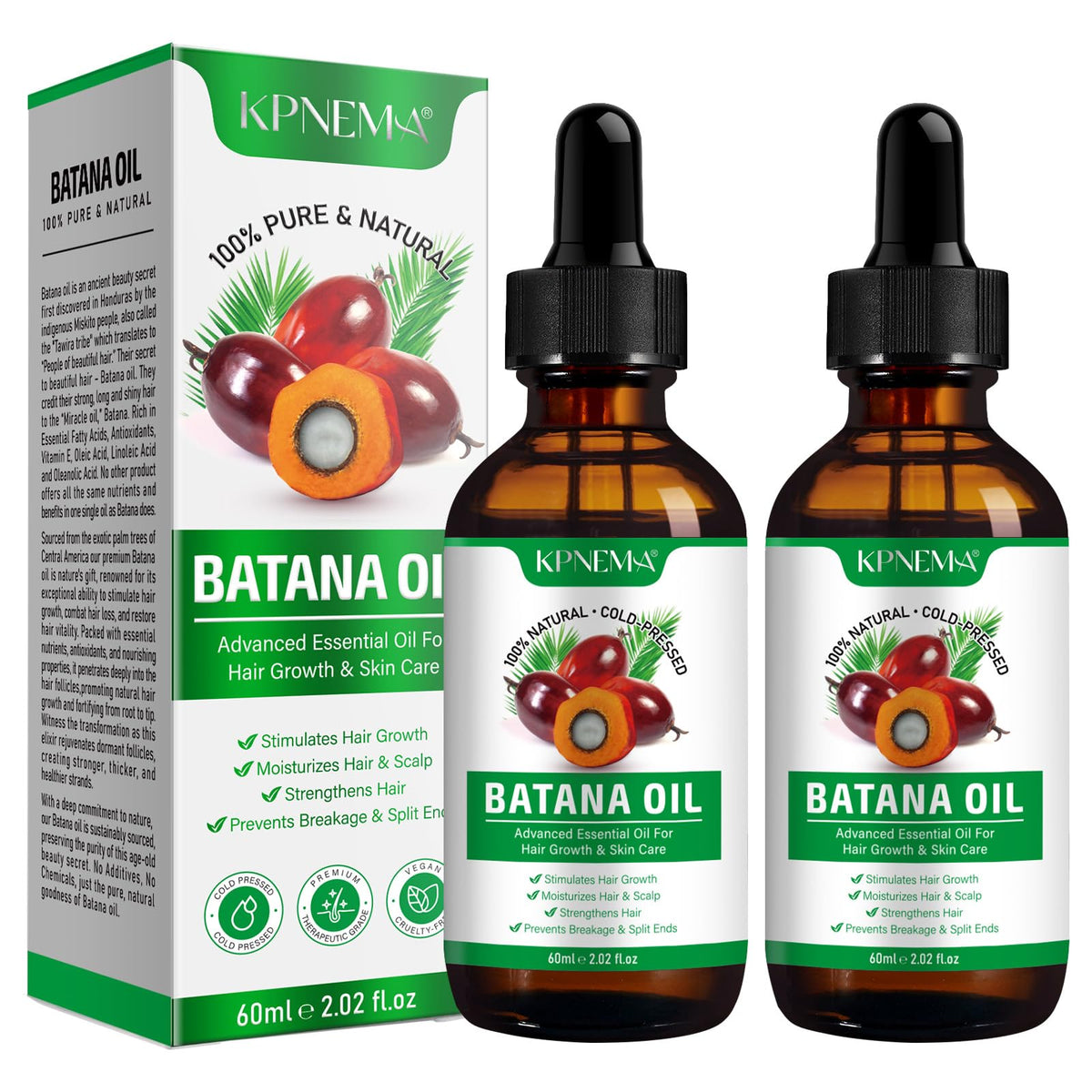 KPNEMA batana oil front view showing two bottles and product label benefits