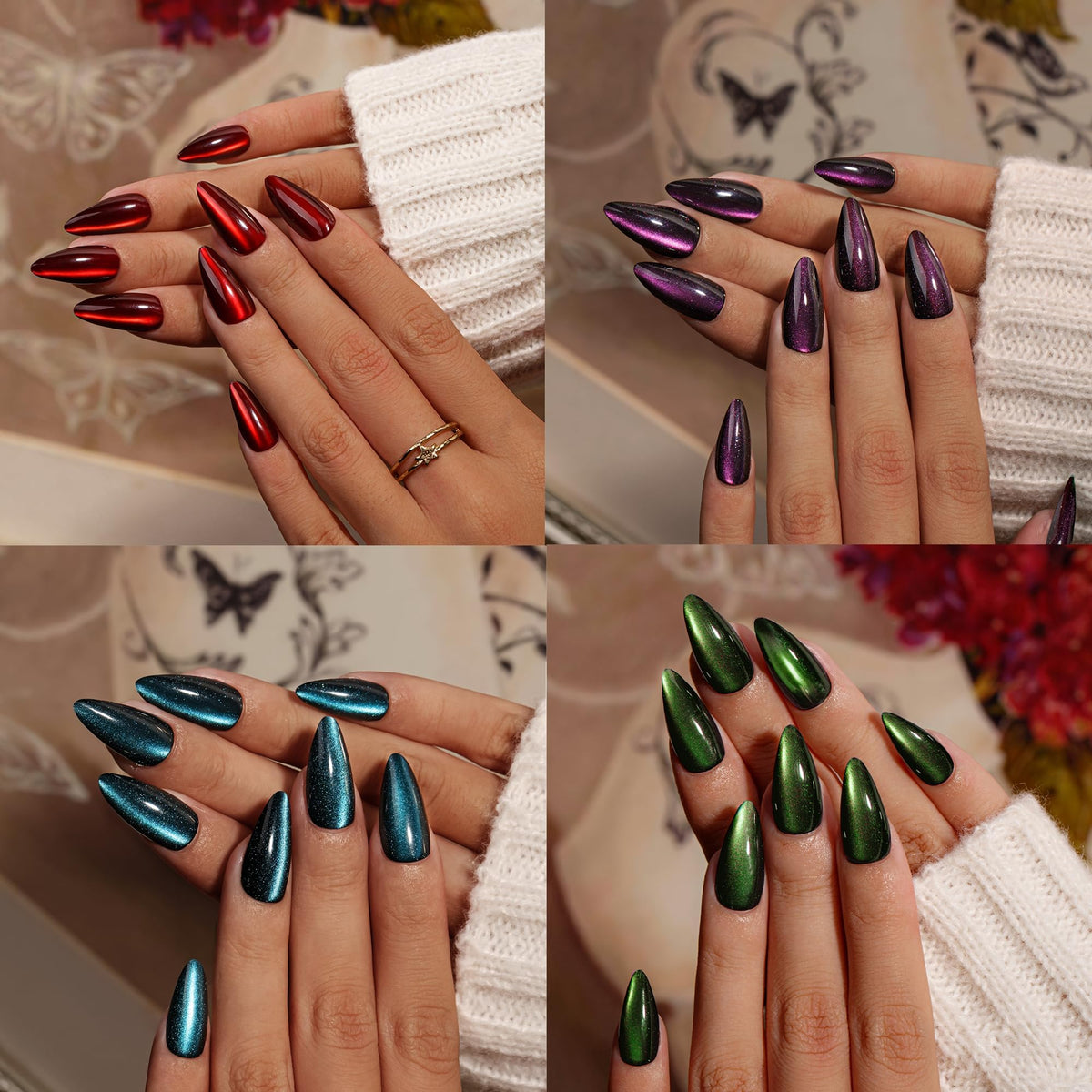 KQueenest close-up of almond cat eye nails highlighting reflective gel finish and vivid color
