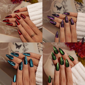 KQueenest close-up of almond cat eye nails highlighting reflective gel finish and vivid color