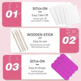 KQueenest wooden sticks, adhesive tabs and nail files arranged to show included tools