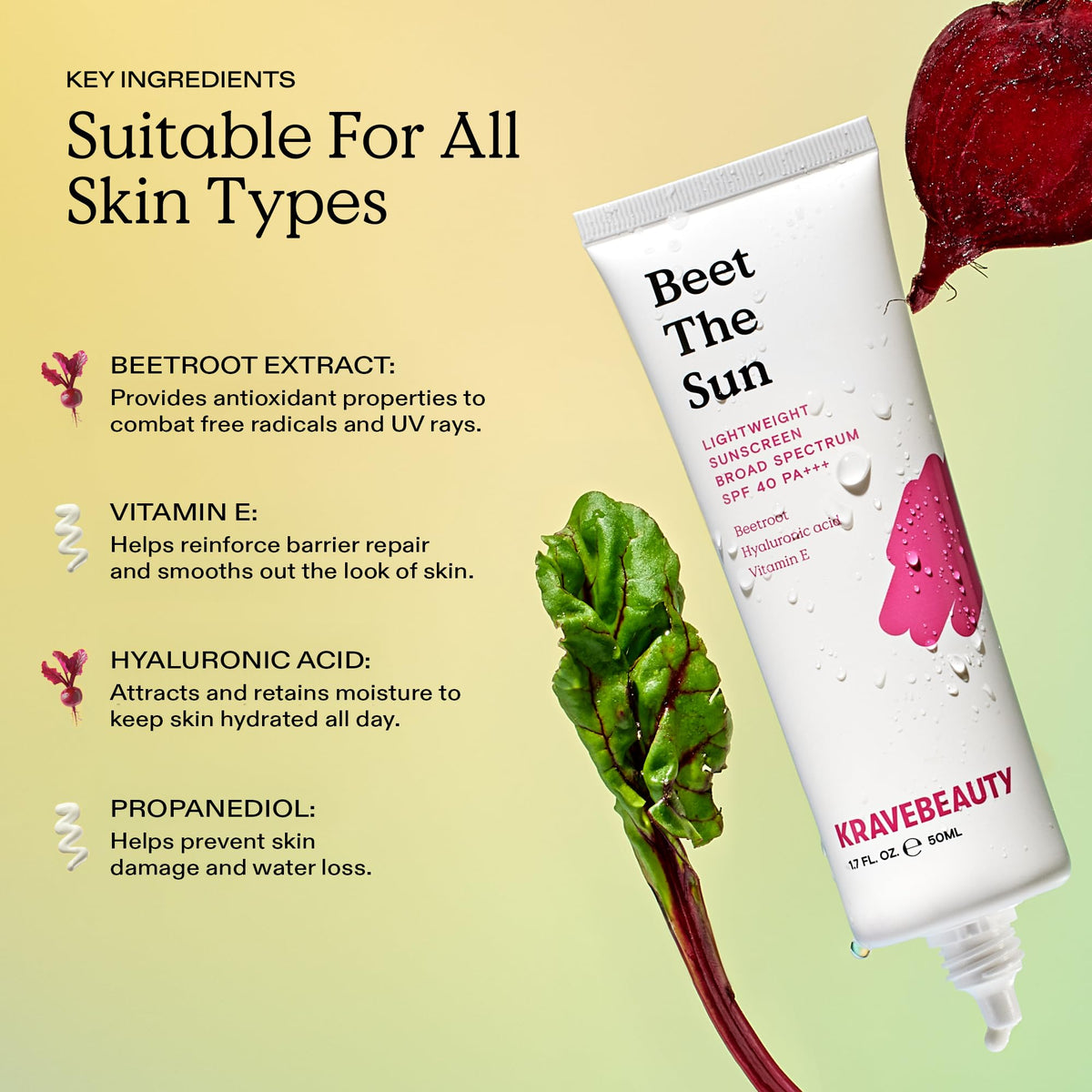 KraveBeauty ingredient label close-up showing hyaluronic and beet extract benefits