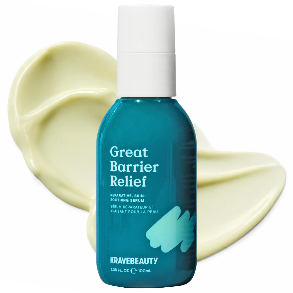 KraveBeauty front packaging of Great Barrier Relief Serum shows clear tube and benefits