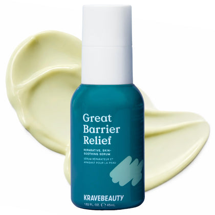 KraveBeauty front bottle of Great Barrier Relief Serum showing clean packaging and benefit