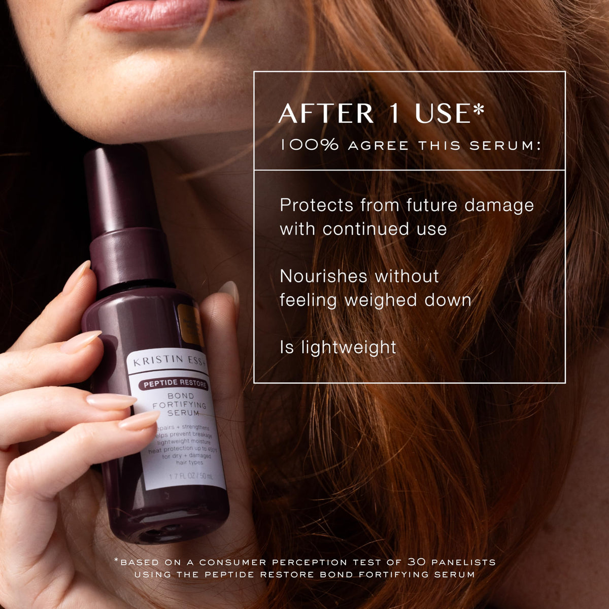Kristin Ess application on damp hair demonstrating targeted mid-lengths to ends repair benefit
