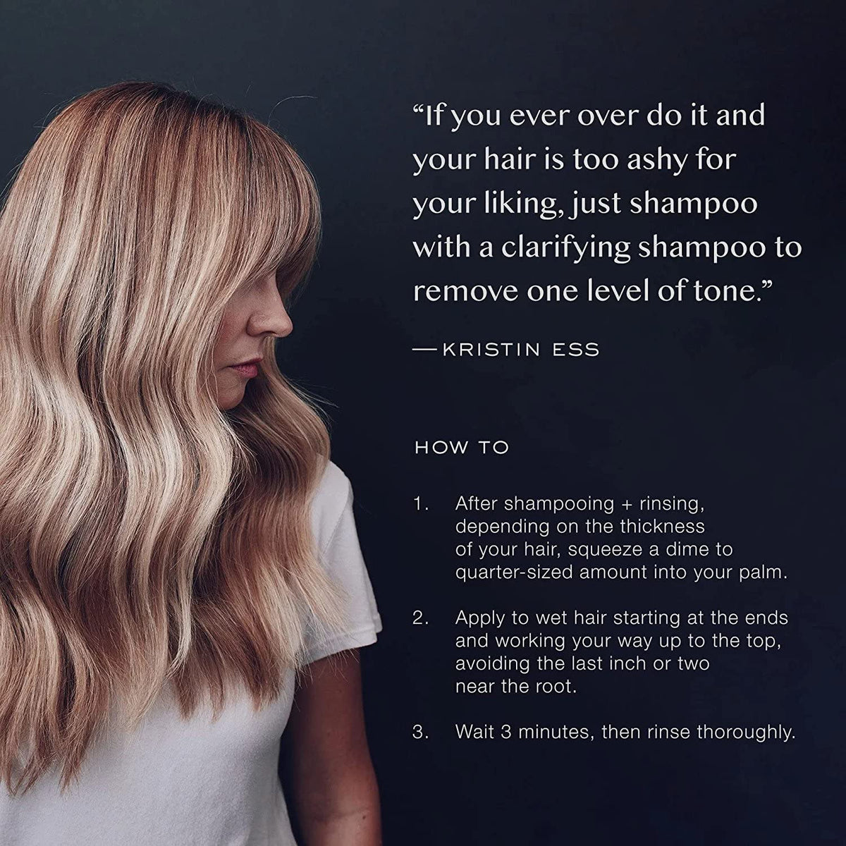 Kristin Ess before and after hair strand comparison, reduces brass and brightens