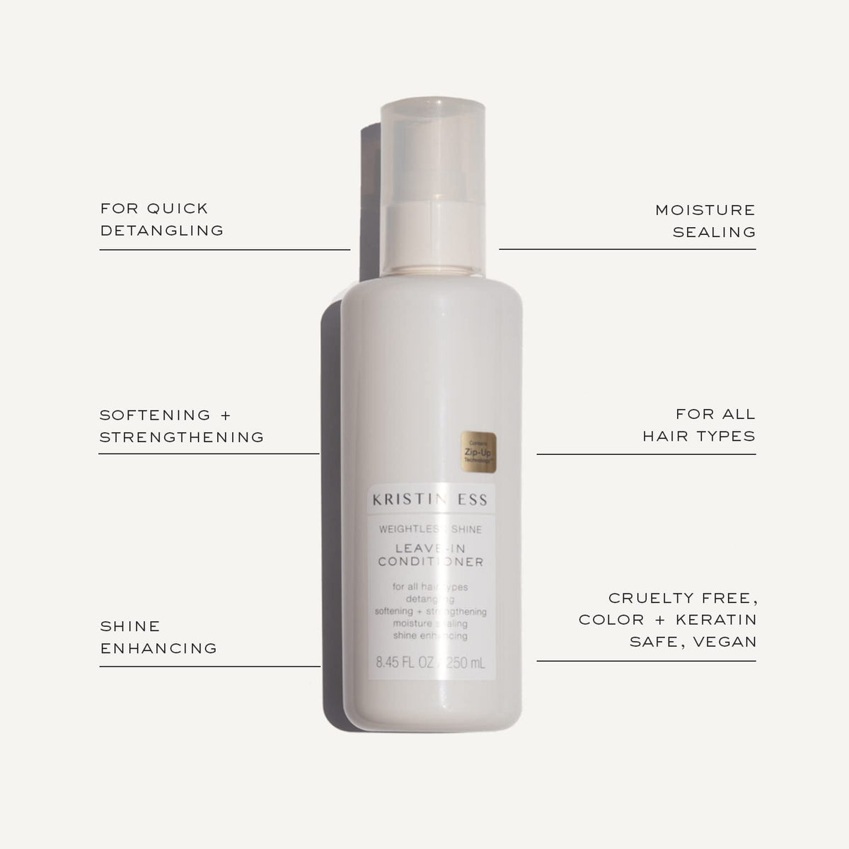 Kristin Ess bottle label detail highlighting vegan and sulfate-free formulation benefits
