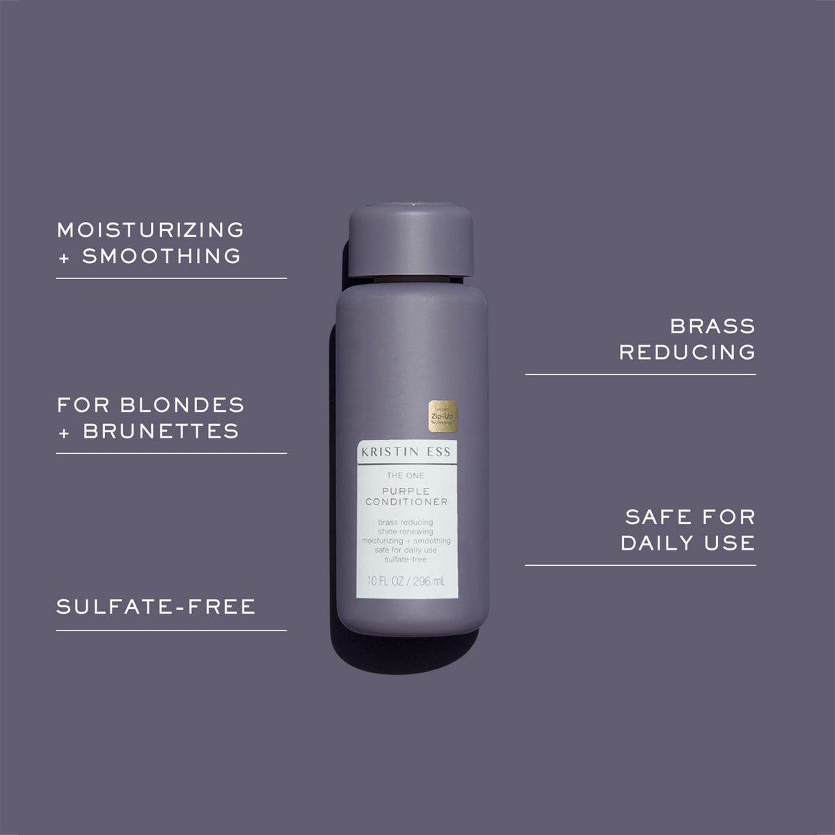 Kristin Ess label detail showing clean formula badges, sulfate-free reassurance