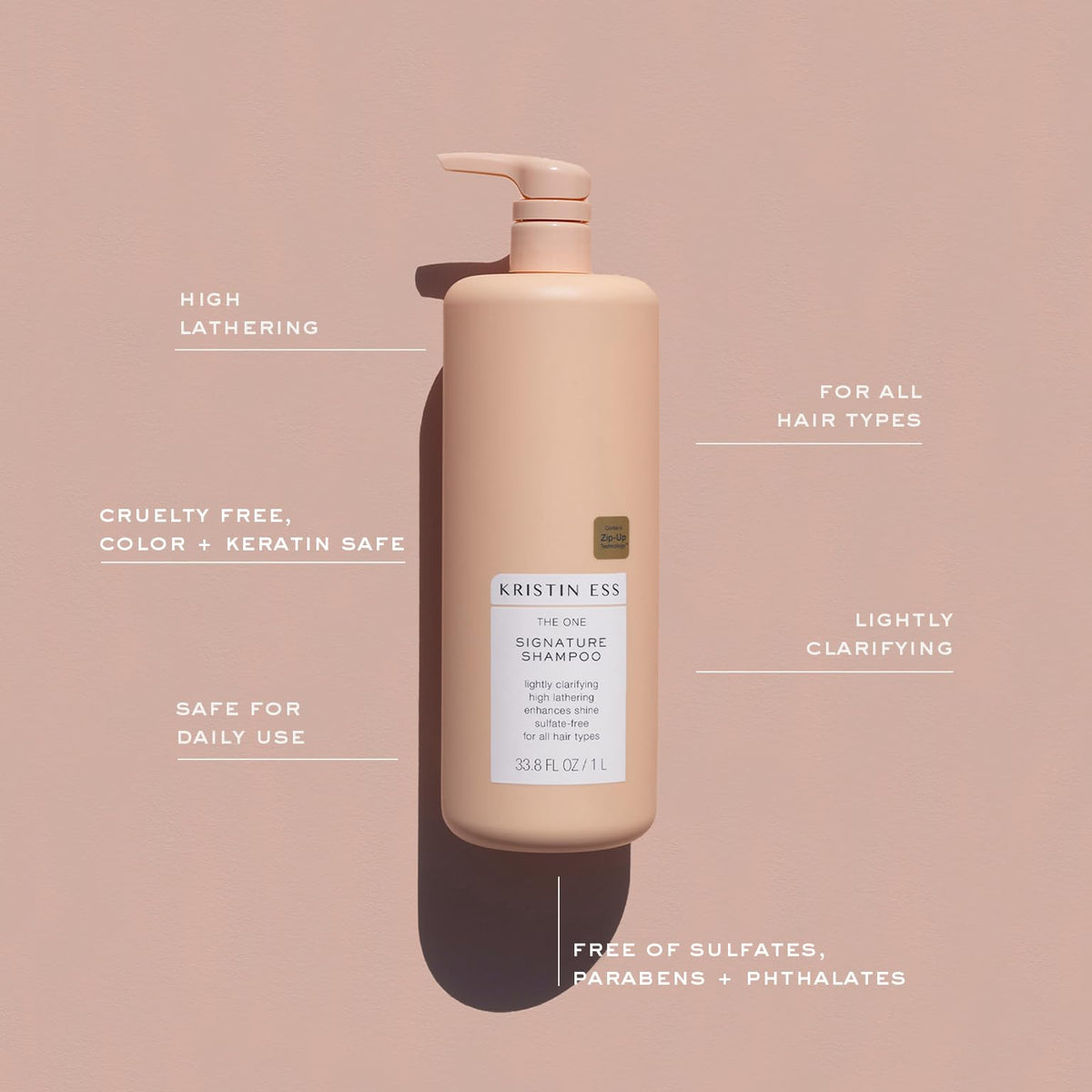 Kristin Ess bottle beside common items to show 33.8 fl oz scale