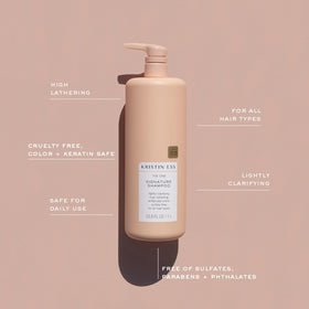 Kristin Ess bottle beside common items to show 33.8 fl oz scale