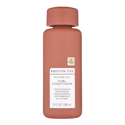 Kristin Ess front packaging shows bottle and benefits for curls